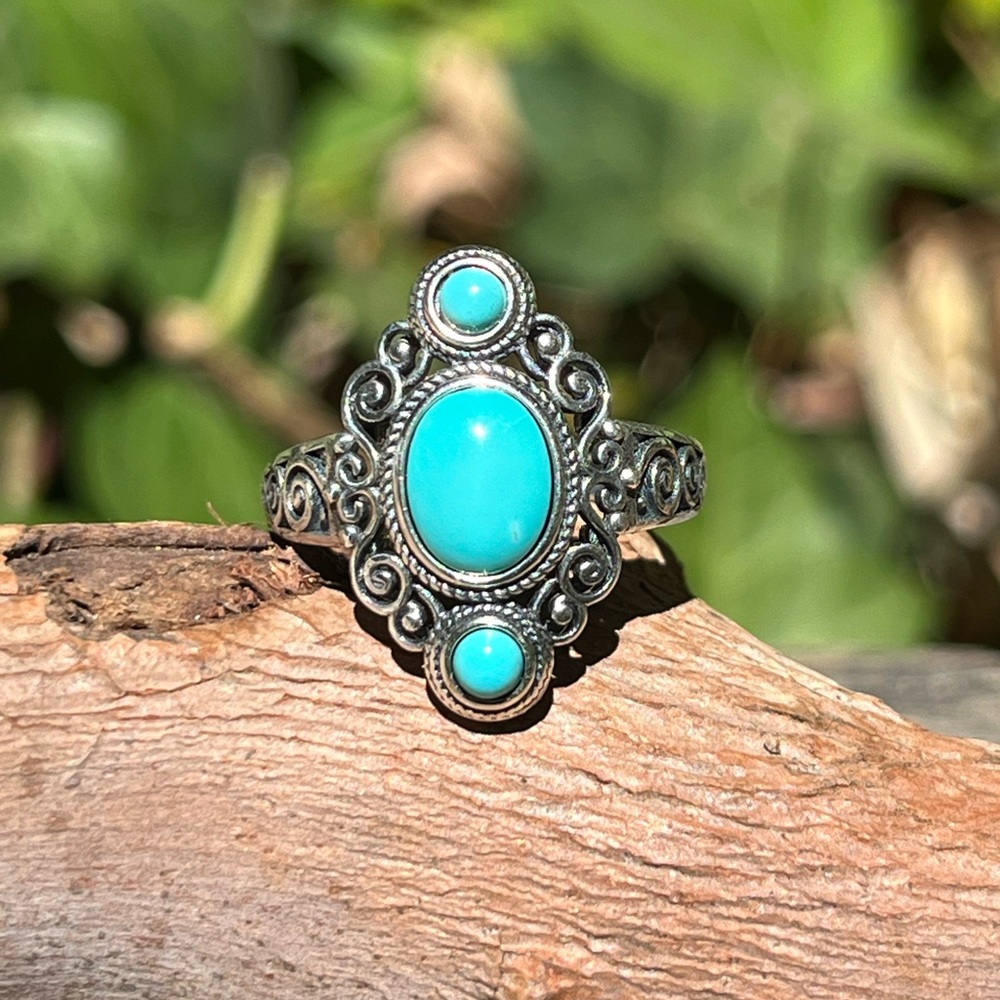 Sterling silver adjustable three stones turquoise ring 2345